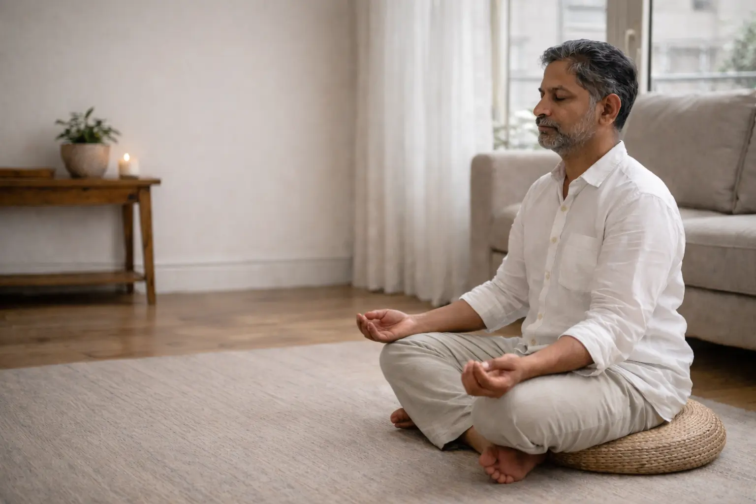 Guided meditation session at home with a meditation coach in Delhi NCR