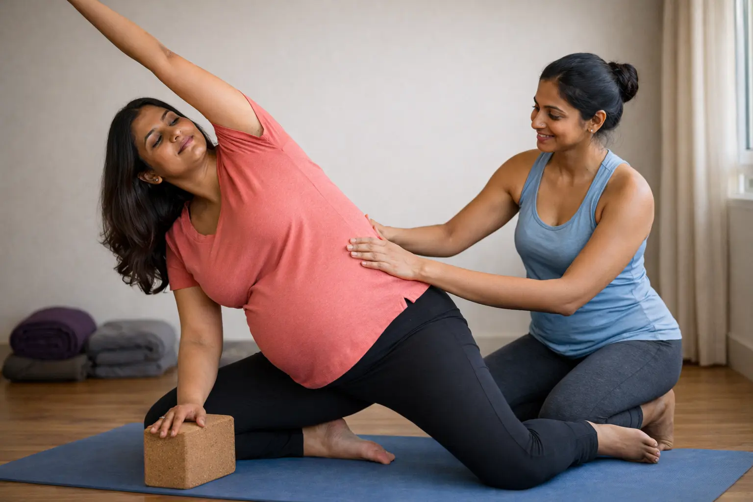 Prenatal yoga at home with instructor