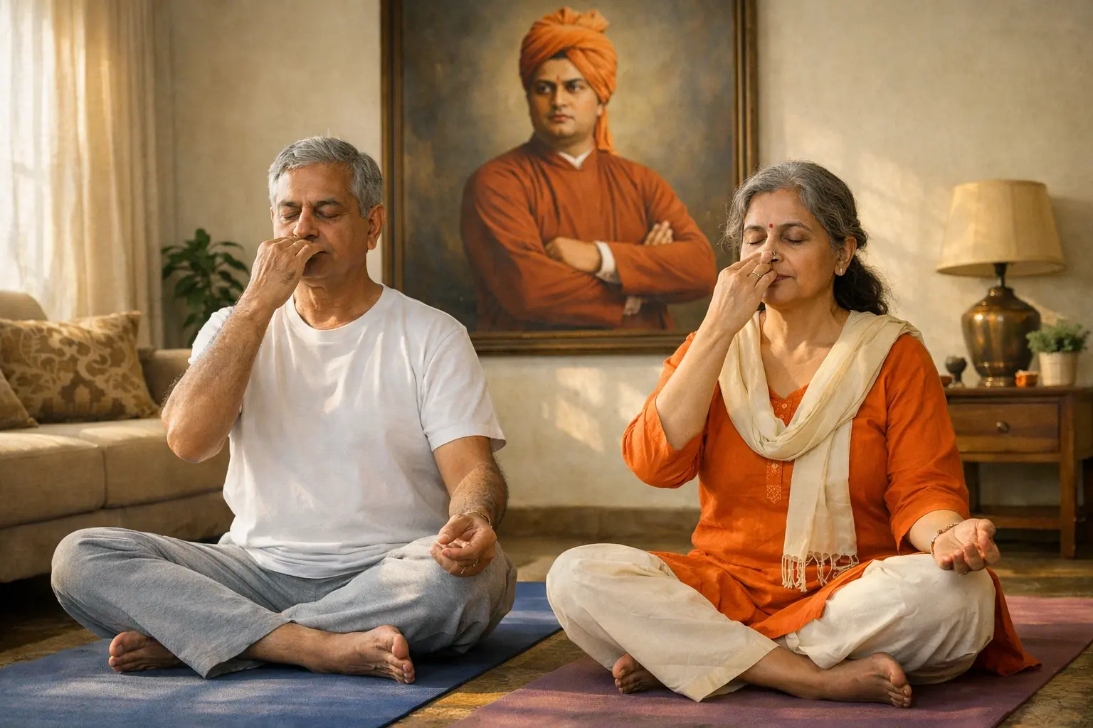 Indian senior man and woman practicing gentle pranayama and breathing exercises at home in a calm and safe environment