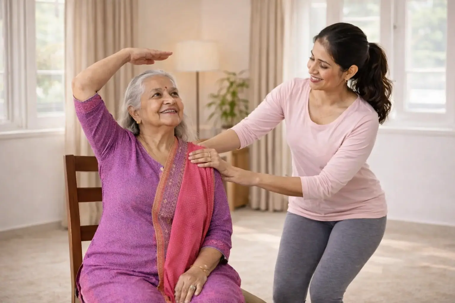 Chair yoga and gentle mobility exercises for seniors at home in Delhi NCR